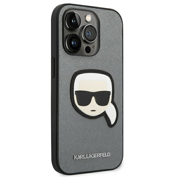 Etui KARL LAGERFELD Apple iPhone 14 Pro Saffiano Karl`s Head Patch Srebrny Hardcase